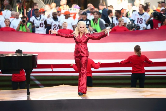 SANTA CLARA, CA - FEBRUARY 07: Lady Gaga sings the National Anthem at Super Bowl 50 at Levi's Stadium on February 7, 2016 in Santa Clara, California.   Christopher Polk/Getty Images/AFP