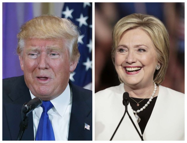 A combination photo shows Republican U.S. presidential candidate Donald Trump (L) in Palm Beach, Florida and Democratic U.S. presidential candidate Hillary Clinton (R) in Miami, Florida at their respective Super Tuesday primaries campaign events on March 1, 2016. Republican Donald Trump and Democrat Hillary Clinton rolled up a series of wins on Tuesday, as the two presidential front-runners took a step toward capturing their parties' nominations on the 2016 campaign's biggest day of state-by-state primary voting.  REUTERS/Scott Audette (L), Javier Galeano (R)