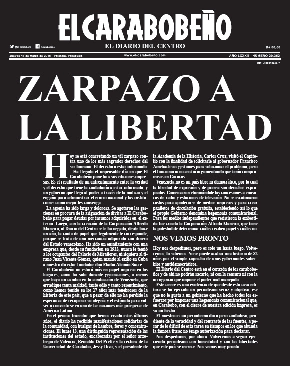 Ultima edicion impresa del periodico El Carabobeno