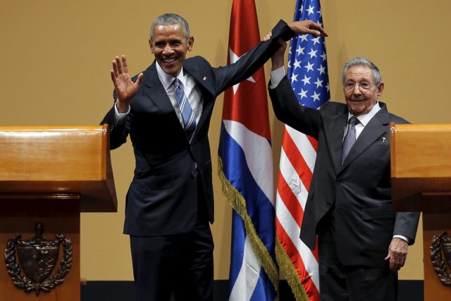 U.S. President Barack Obama and Cuban President Raul Castro gesture after a news conference as part of Obama's three-day visit to Cuba, in Havana March 21, 2016. REUTERS/Carlos Barria TPX IMAGES OF THE DAY