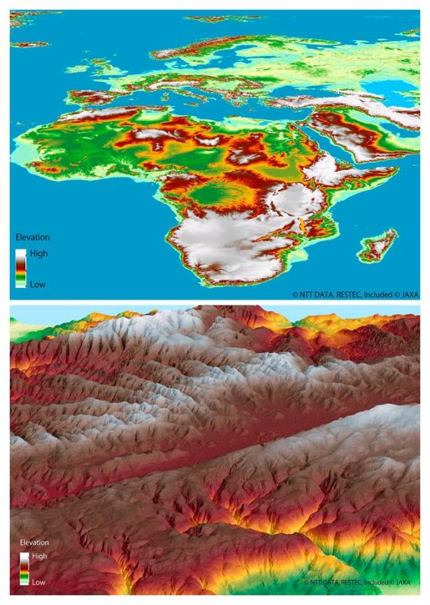 Fotografías facilitadas por NTT DATA, de un fragmento del mapa en tres dimensiones de toda la superficie terrestre más preciso hasta la fecha, una tecnología de la propia compañía y el Centro de Tecnología de Detección Remota de Japón (RESTEC), y pensada para el desarrollo de infraestructura o la prevención de desastres. El producto, bautizado AW3DTM y lanzado en 2014 para áreas limitadas de Asia, emplea un modelo de elevación digital (DEM) con una resolución de cinco metros que utiliza unos tres millones de imágenes tomadas por el satélite ALOS de la Agencia Aeroespacial de Japón (JAXA). EFE