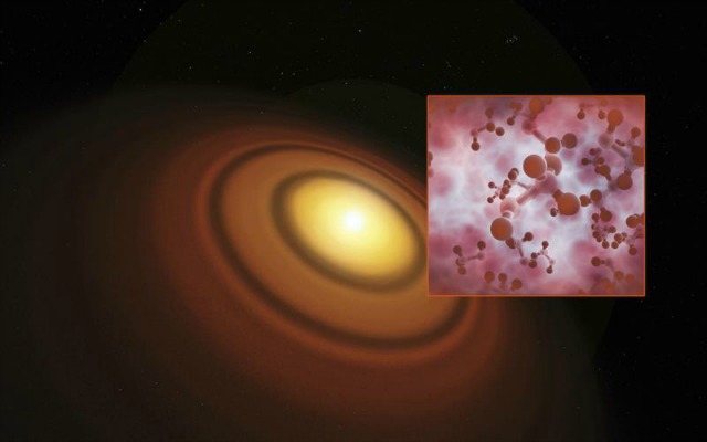Ilustración facilitada por el Observatorio Europeo Austral (ESO) en la que se muestra la estrella TW Hydrae que se encuentra a tan sólo 170 años luz de la Tierra. Un equipo de astrónomos ha detectado metanol, un compuesto químico clave para que se dé la vida, en las proximidades de esta joven estrella, que se encuentra a 170 años luz de la Tierra. El Observatorio Europeo Austral (ESO) informó hoy en un comunicado de que un grupo de investigadores del Observatorio de Leiden (Holanda) ha detectado, por primera vez, alcohol metílico (metanol) en el conjunto de materia que orbita en torno a esta estrella y que funciona como un vivero de planetas. El metanol "desempeña un papel vital en la creación de la rica química orgánica necesaria para la vida" y es una "pieza fundamental" para la formación de compuestos más complejos de importancia prebiótica como los aminoácidos, explica el ESO en su nota. EFE