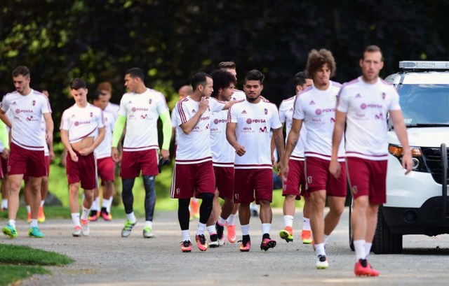 Players of Venezuela arrive for a training session at Babson College in Wellesley, Massachusetts, on June 16, 2016. Venezuela will face Argentina on June 18 in their quarter finals match of the Copa America. / AFP PHOTO / ALFREDO ESTRELLA
