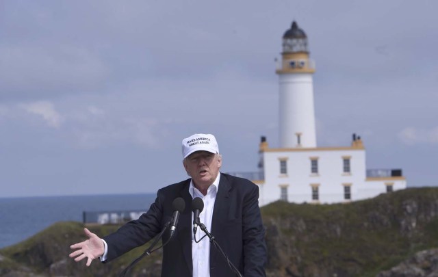 Republican presidential candidate Donald Trump speaks during a news conference, in front of the lighthouse, at his Turnberry golf course, in Turnberry, Scotland, Britain June 24, 2016.      REUTERS/Clodagh Kilcoyne