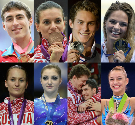 (COMBO) This combination of pictures created on July 19, 2016 shows some of the top Russian athletes that may miss the upcoming 2016 summer Olympics in Rio as the International Olympic Committee (IOC) said on July 19, 2016 it will study "legal options" on banning all Russian athletes from the Rio Games and also ordered a disciplinary commission to look into the role of Russian officials in a state-run doping system. The IOC executive held emergency telephone talks today after a World Anti-Doping Agency commissioned report said there had been state-sanctioned doping at the 2014 Sochi Winter Olympics and other major events. Top row, from left: Sergey Shubenkov (men's 110 metres hurdles), Yelena Isinbayeva (women's pole vault), Vladimir Morozov (men's 50-metre freestyle swim), and Yuliya Efimova (women's 100m breaststroke swim). Second row, from left: Sofya Velikaya (Women's sabre), Aliya Mustafina (Artistic Gymnastics), Dmitriy Muserskiy (L) and Dmitriy Ilinykh (men's volleyball), and Evgenia Kanaeva (Rhythmic Gymnastics). / AFP PHOTO
