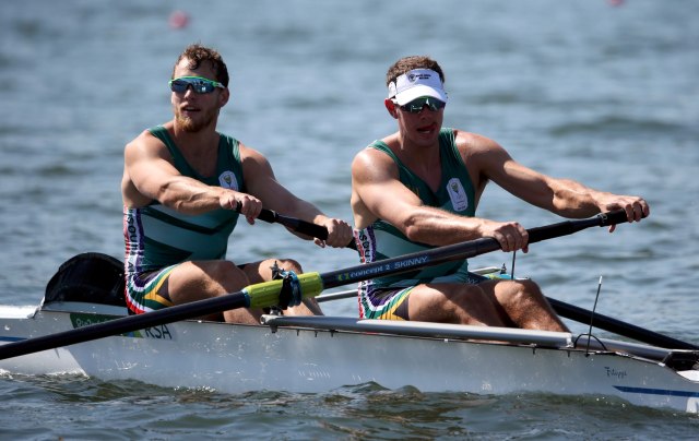 2016 Rio Olympics - Rowing - Preliminary - Men's Pair Heats - Lagoa Stadium - Rio De Janeiro, Brazil - 06/08/2016. Lawrence Brittain (RSA) of South Africa and Shaun Keeling (RSA) of South Africa compete. REUTERS/Carlos Barria FOR EDITORIAL USE ONLY. NOT FOR SALE FOR MARKETING OR ADVERTISING CAMPAIGNS.