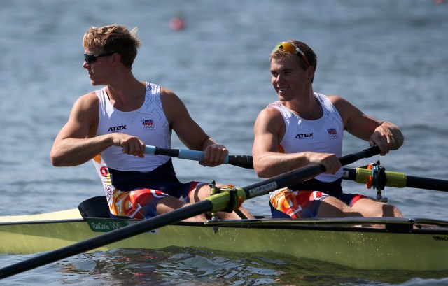2016 Rio Olympics - Rowing - Preliminary - Men's Pair Heats - Lagoa Stadium - Rio De Janeiro, Brazil - 06/08/2016. Jakub Podrazil (CZE) of Czech Republic and Lukas Helesic (CZE) of Czech Republic compete. REUTERS/Carlos Barria FOR EDITORIAL USE ONLY. NOT FOR SALE FOR MARKETING OR ADVERTISING CAMPAIGNS.