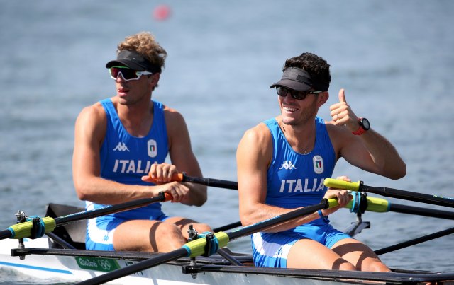 2016 Rio Olympics - Rowing - Preliminary - Men's Double Sculls Heats - Lagoa Stadium - Rio De Janeiro, Brazil - 06/08/2016. Italy (ITA) reacts after heat. REUTERS/Carlos Barria FOR EDITORIAL USE ONLY. NOT FOR SALE FOR MARKETING OR ADVERTISING CAMPAIGNS.