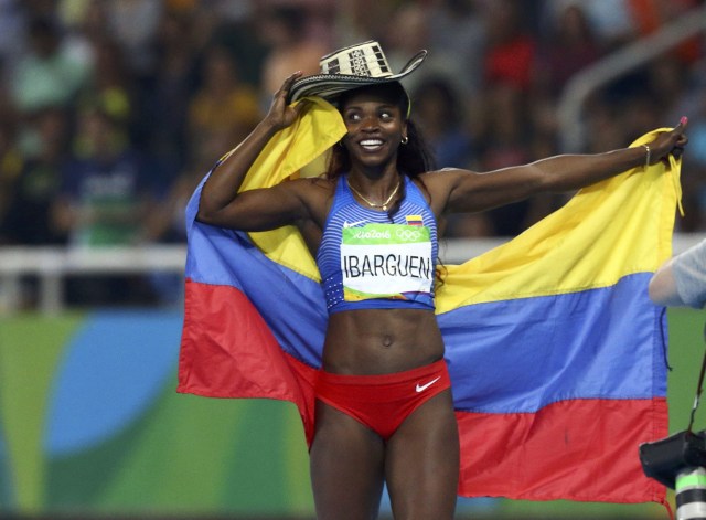 2016 Rio Olympics - Athletics - Final - Women's Triple Jump Final - Olympic Stadium - Rio de Janeiro, Brazil - 14/08/2016. Caterine Ibarguen (COL) of Colombia celebrates winning the gold medal. REUTERS/Ivan Alvarado FOR EDITORIAL USE ONLY. NOT FOR SALE FOR MARKETING OR ADVERTISING CAMPAIGNS.
