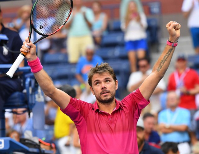 Aug 30, 2016; New York, NY, USA; Stan Wawrinka of Switzerland celebrates after defeating Fernando Verdasco of Spain (not pictured) on day two of the 2016 U.S. Open tennis tournament at USTA Billie Jean King National Tennis Center. Mandatory Credit: Robert Deutsch-USA TODAY Sports