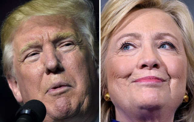 This combination of images shows Republican presidential nominee Donald Trump in Roanoke, Virginia on September 24, 2016 and Democratic presidential nominee Hillary Clinton September 21, 2016 in Orlando, Florida. Hillary Clinton and Donald Trump are in a virtual dead heat in their bitter race for the White House on the eve of their first head-to-head presidential debate, a new poll showed September 25, 2016. The Washington Post-ABC News poll found that Clinton's slim margin from last month has now vanished. Instead, the Democrat and her Republican rival tied at 41 percent support among registered voters, with Libertarian Party nominee Gary Johnson at seven percent and Green Party nominee Jill Stein at two percent. / AFP PHOTO / DESK