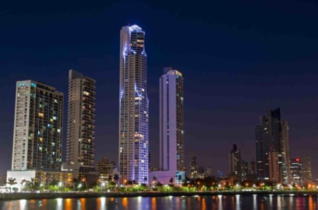 Skyline of Panama City Panama at night.