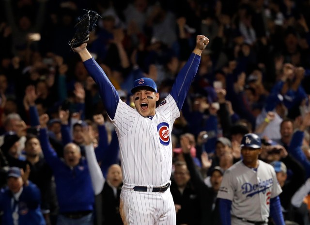 Oct 22, 2016; Chicago, IL, USA; Chicago Cubs first baseman Anthony Rizzo (44) reacts after defeating the Los Angeles Dodgers in game six of the 2016 NLCS playoff baseball series at Wrigley Field. Cubs win 5-0 to advance to the World Series. Mandatory Credit: Jon Durr-USA TODAY Sports