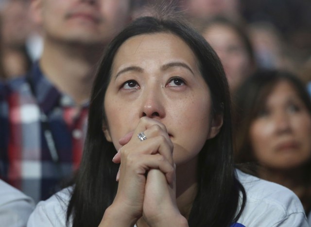 QUALITY REPEAT - A supporter of Democratic U.S. presidential nominee Hillary Clinton reacts at her election night rally the Jacob K. Javits Convention Center in New York, U.S., November 8, 2016. REUTERS/Adrees Latif