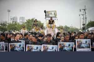 Una formación de elefantes presenta sus respetos al difundo rey de Tailandia