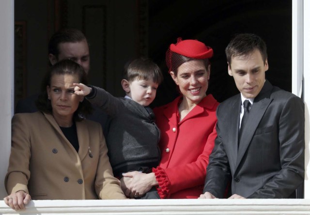 Princess Stephanie (L), her son Louis Ducruet (R), Charlotte Casiraghi (2ndR) and her son Raphael, stand at the Palace Balcony during Monaco's National Day November 19, 2016. REUTERS/Eric Gaillard