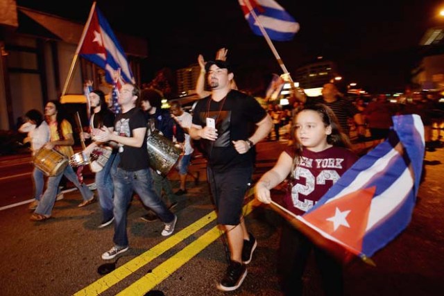 MIAMI, FL - NOVEMBER 26: Miami residents celebrate the death of Fidel Castro on November 26, 2016 in Miami, Florida. Cuba's current President and younger brother of Fidel, Raul Castro, announced in a brief TV appearance that Fidel Castro had died at 22:29 hours on November 25 aged 90. Gustavo Caballero/Getty Images/AFP