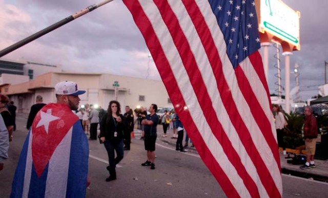 People celebrate after the announcement of the death of Cuban revolutionary leader Fidel Castro in the Little Havana district of Miami, Florida, U.S. November 26, 2016. REUTERS/Javier Galeano