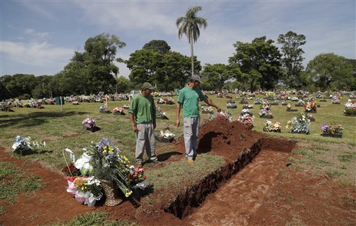 Empleados del cementerio preparan tumbas en Chapecó, Brasil, el 2 de diciembre de 2016, mientras Colombia empieza a repatriar a los fallecidos en el accidente de un avión chárter. Los cuerpos de las víctimas brasileñas viajarán en tres vuelos a Chapecó, la localidad del equipo de fútbol Chapecoense. Miembros del equipo y un grupo de periodistas fallecieron en un vuelo que los llevaba al partido de ida de la final de la Copa Sudamericana cuando el avión se quedó sin combustible y se estrelló en los Andes, en las afueras de Medellín. (AP Foto/Andre Penner)