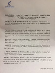 Bancada Conservadora del Congreso Colombiano apoya a Julio Borges y la nueva directiva de AN