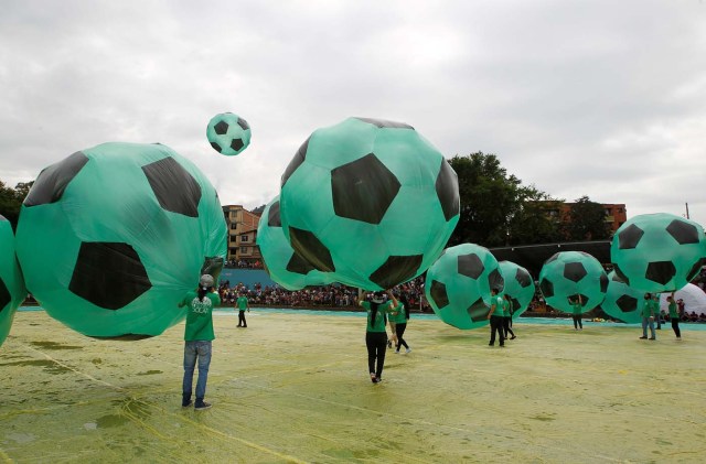 Soccer balls in homage to the Chapecoense team of Brazil are seen during the 16th Solar Balloon Festival in Envigado, Colombia
