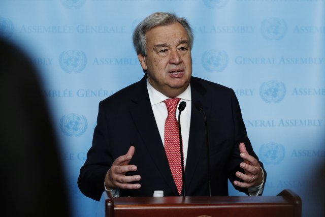 United Nations Secretary-General-designate Mr. Antonio Guterres of Portugal speaks to members of the media after being sworn in at UN headquarters in New York, U.S., December 12, 2016. REUTERS/Lucas Jackson