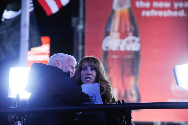Anderson Cooper and Kathy Griffin act as hosts during the events in Times Square on New Year's Eve in New York, U.S. December 31, 2016. REUTERS/Stephanie Keith