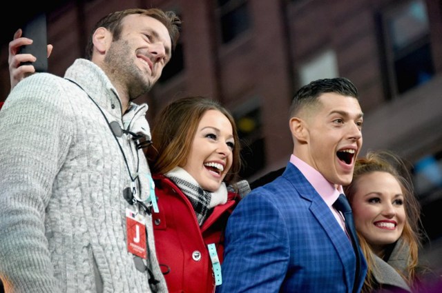 NEW YORK, NY - DECEMBER 31: (L-R) Doug Hehner, Jamie Otis, Jason Carrion and Cortney Hendrix of Married At First Sight, Season 1 attend The FYI Network presents, "Kiss Bang Love" during New Years Eve in Times Square on December 31, 2016 in New York City.   Mike Coppola/Getty Images for FYI Network/AFP