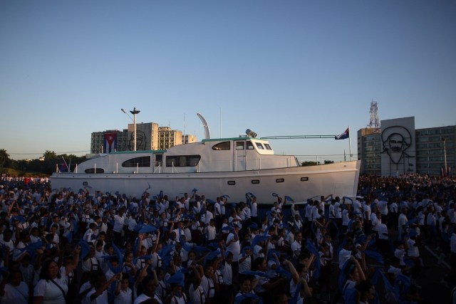 A replica of the Granma yacht passes by during a march to mark the Armed Forces Day and commemorate the landing of the Granma, which brought the Castro brothers, Ernesto "Che" Guevara and others from Mexico to Cuba to start the revolution in 1959, in Havana, Cuba, January 2, 2017. REUTERS/Alexandre Meneghini