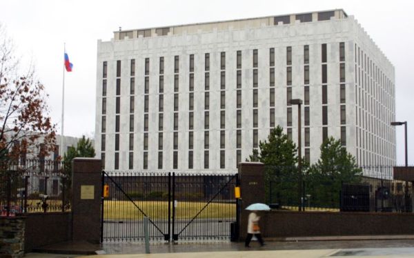 386257 02: The Russian Embassy building is seen March 4, 2001 in Washington, D. C. According to news reports, the United States built a secret tunnel under the the building, formerly the Soviet Embassy, and investigators believe the operation was betrayed by the FBI agent Robert Hanssen. Hanssen was arrested last month on charges of spying for Russia. (Photo by Alex Wong/Newsmakers)