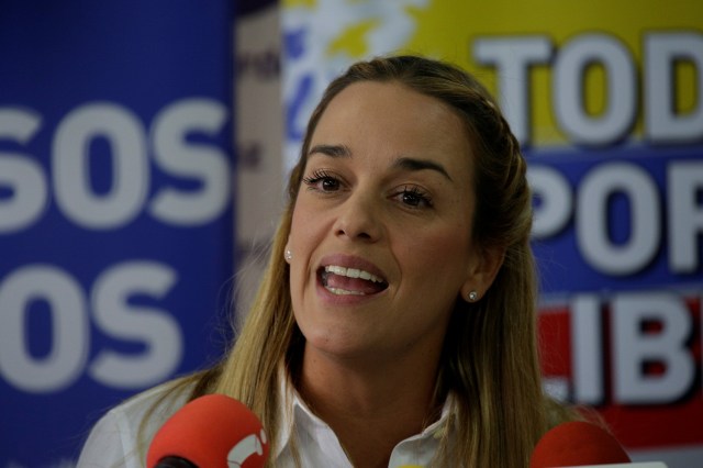 Lilian Tintori, wife of jailed Venezuelan opposition leader Leopoldo Lopez, speaks during a news conference in Caracas