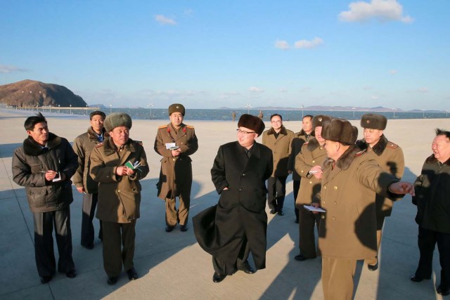 North Korean leader Kim Jong Un provides field guidance to the newly built Kumsanpho Fish Pickling Factory and Kumsanpho Fishery Station in this undated photo released by North Korea's Korean Central News Agency (KCNA) on January 15, 2017. REUTERS/KCNA ATTENTION EDITORS - THIS PICTURE WAS PROVIDED BY A THIRD PARTY. REUTERS IS UNABLE TO INDEPENDENTLY VERIFY THE AUTHENTICITY, CONTENT, LOCATION OR DATE OF THIS IMAGE. FOR EDITORIAL USE ONLY. NO THIRD PARTY SALES. SOUTH KOREA OUT.