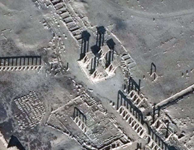 A satellite image shows the Tetrapylon, one of the most famous monuments in the ancient city of Palmyra, before its destruction, in Homs Governorate, in this handout picture said to be taken on December 26, 2016. Satellite Imagery Analysis by UNITAR-UNOSAT/DigitalGlobe/Handout via Reuters ATTENTION EDITORS - THIS IMAGE WAS PROVIDED BY A THIRD PARTY. EDITORIAL USE ONLY. NO RESALES. NO ARCHIVE.