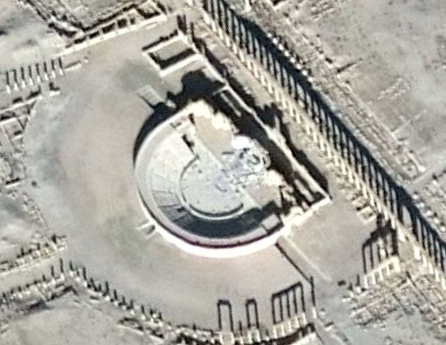 A satellite image shows the Roman Amphitheater after it was severely damaged in the historical city of Palmyra, in Homs Governorate, Syria, in this handout picture said to be acquired on January 10, 2017. Satellite Imagery Analysis by UNITAR-UNOSAT/DigitalGlobe/Handout via Reuters ATTENTION EDITORS - THIS IMAGE WAS PROVIDED BY A THIRD PARTY. EDITORIAL USE ONLY. NO RESALES. NO ARCHIVE.