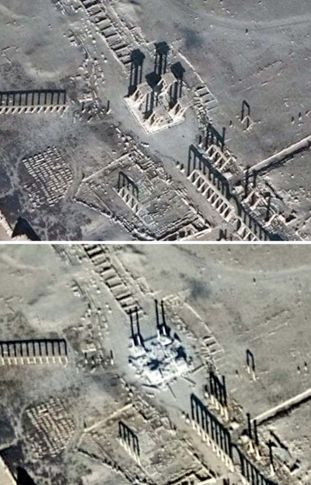 A combination of satellite pictures shows the Tetrapylon before and after it was damaged, in the historical city of Palmyra, in Homs Governorate, in these handout picture acquired on December 26, 2016 (top) and January 10, 2017. Satellite Imagery Analysis by UNITAR-UNOSAT/DigitalGlobe/ Handout via Reuters ATTENTION EDITORS - THIS IMAGE WAS PROVIDED BY A THIRD PARTY. EDITORIAL USE ONLY. NO RESALES. NO ARCHIVE.
