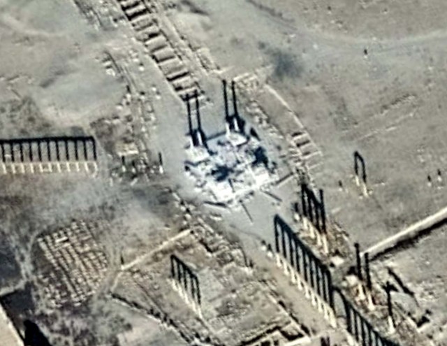 A satellite image shows the Tetrapylon, one of the most famous monuments in the ancient city of Palmyra, after its destruction in Homs Governorate, in this handout picture said to be taken on January 10, 2017. Satellite Imagery Analysis by UNITAR-UNOSAT/DigitalGlobe/ Handout via Reuters ATTENTION EDITORS - THIS IMAGE WAS PROVIDED BY A THIRD PARTY. EDITORIAL USE ONLY. NO RESALES. NO ARCHIVE.