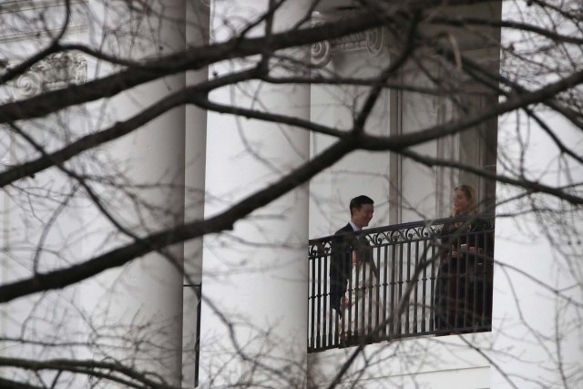 Ivanka Trump, her husband, Jared Kushner and their daughter Arabella stand on a balcony of the White House before departure for a church service in Washington, U.S., January 21, 2017. REUTERS/Carlos Barria