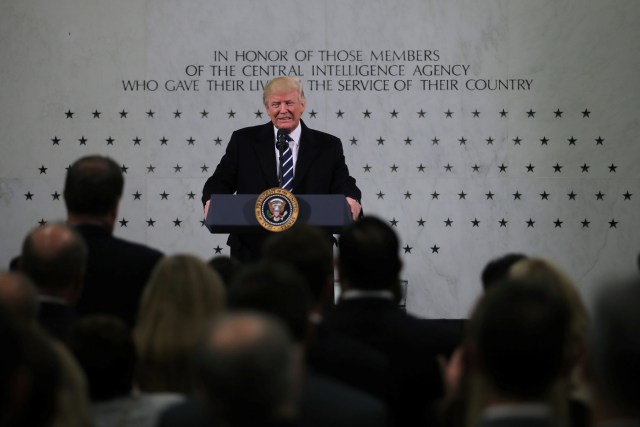 U.S. President Donald Trump delivers remarks during a visit to the Central Intelligence Agency (CIA) in Langley, Virginia U.S. January 21, 2017. REUTERS/Carlos Barria