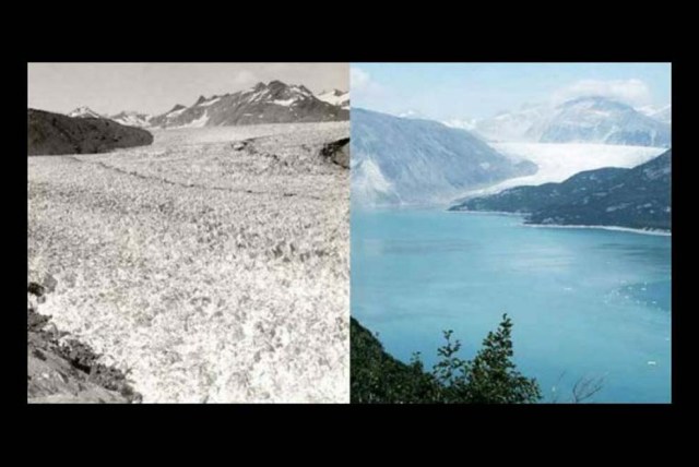 Glaciar Muir, Alaska La foto de la izquierda fue tomada en agosto de 1941; la de la derecha, en agosto de 2014. El hielo ha desaparecido.
