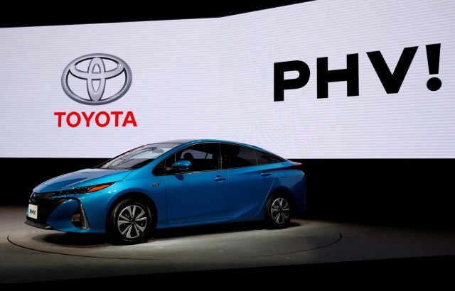 Toyota Motor Corp. displays the company's Prius PHV Plug-in-Hybrid vehicle, also known as Prius Prime in the U.S., during an event to mark the launch of the car in Japan, in Tokyo, Japan February 15, 2017. REUTERS/Issei Kato