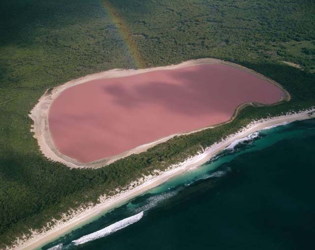Lago Hillier, Australia Famoso por su particular color rosado, el lago Hiller está en la Middle Island, cerca de la costa de Australia occidental. Algunos científicos creen que el color se debe a unas microalgas que habitan el lago. Un dato interesante: se puede nadar en el agua del lago.