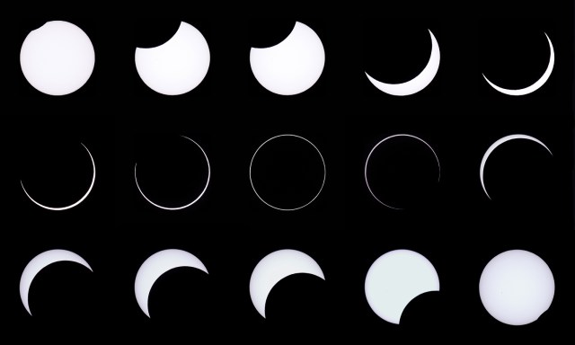 This combination of photos shows an annular solar eclipse, as seen from the Estancia El Muster, near Sarmiento, Chubut province, 1600 kilometres south of Buenos Aires on February 26, 2017. Stargazers applauded as they were plunged into darkness Sunday when the moon passed in front of the sun in a spectacular "ring of fire" eclipse. / AFP PHOTO / ALEJANDRO PAGNI