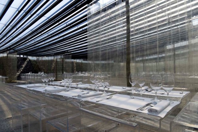 A picture taken in Olot on March 2, 2017 shows a dinning room of the restaurant "les Cols" designed by RCR architects, formed by Spanish architects, Rafael Aranda, Carme Pigem and Ramon Vialta who won yesterday the prestigious Pritzker Prize for modern works. The choice was seen as a move away from the celebrity architects that have dominated the field in favour of the homegrown vision of a trio of professionals who have worked together for 30 years in their hometown of Olot in Catalonia. / AFP PHOTO / LLUIS GENE