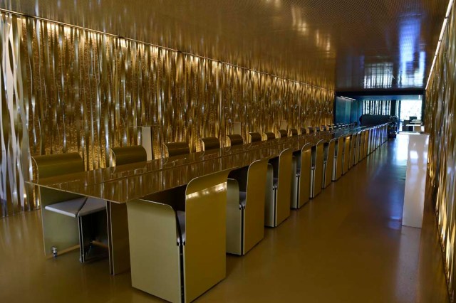 A picture taken in Olot on March 2, 2017 shows a dinning room of the restaurant "les Cols" designed by RCR architects, formed by Spanish architects, Rafael Aranda, Carme Pigem and Ramon Vialta who won yesterday the prestigious Pritzker Prize for modern works. The choice was seen as a move away from the celebrity architects that have dominated the field in favour of the homegrown vision of a trio of professionals who have worked together for 30 years in their hometown of Olot in Catalonia. / AFP PHOTO / LLUIS GENE