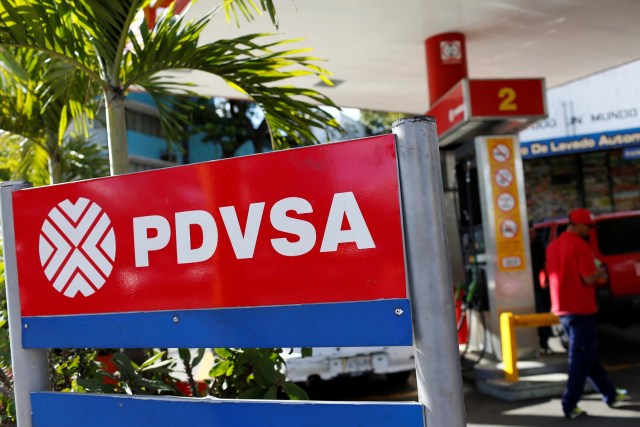 The logo of the Venezuelan state oil company PDVSA is seen at a gas station in Caracas, Venezuela March 2, 2017. Picture taken March 2, 2017. To match Insight VENEZUELA-INDIA/OIL REUTERS/Carlos Garcia Rawlins
