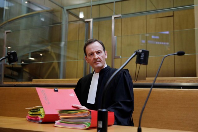 Francis Vuillemin, lawyer of Ilich Ramirez Sanchez, known as Carlos the Jackal, is seen in the courtroom before the opening of Carlos' trial in Paris, France March 13, 2017. Carlos the Jackal is appearing in a Paris court for a deadly 1974 attack at a shopping arcade in the French capital, a trial that victims’ families have been awaiting for decades. REUTERS/Benoit Tessier