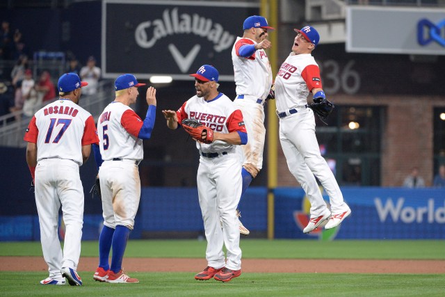 Mar 14, 2017; San Diego, CA, USA; Puerto Rico celebrates following the game against the Dominican Republic during the 2017 World Baseball Classic at Petco Park. Puerto Rico won 3-1. Mandatory Credit: Orlando Ramirez-USA TODAY Sports