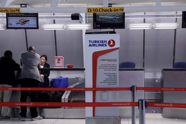 A sign for Turkish Airlines stands near the counters inside of JFK International Airport in New York, U.S., March 21, 2017.  REUTERS/Lucas Jackson