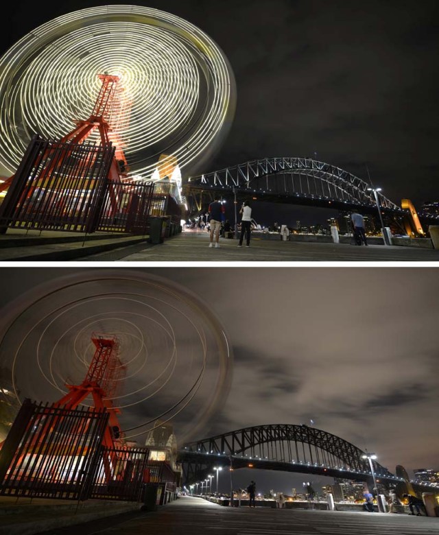 This combo shows photos of the ferris wheel at Luna Park and Sydney Harbour Bridge before (top) being plunged into darkness (bottom) for the Earth Hour environmental campaign in Sydney on March 25, 2017. The lights went out on two of Sydney's most famous landmarks for the 10th anniversary of the climate change awareness campaign Earth Hour, among the first landmarks around the world to dim their lights for the event. / AFP PHOTO / PETER PARKS