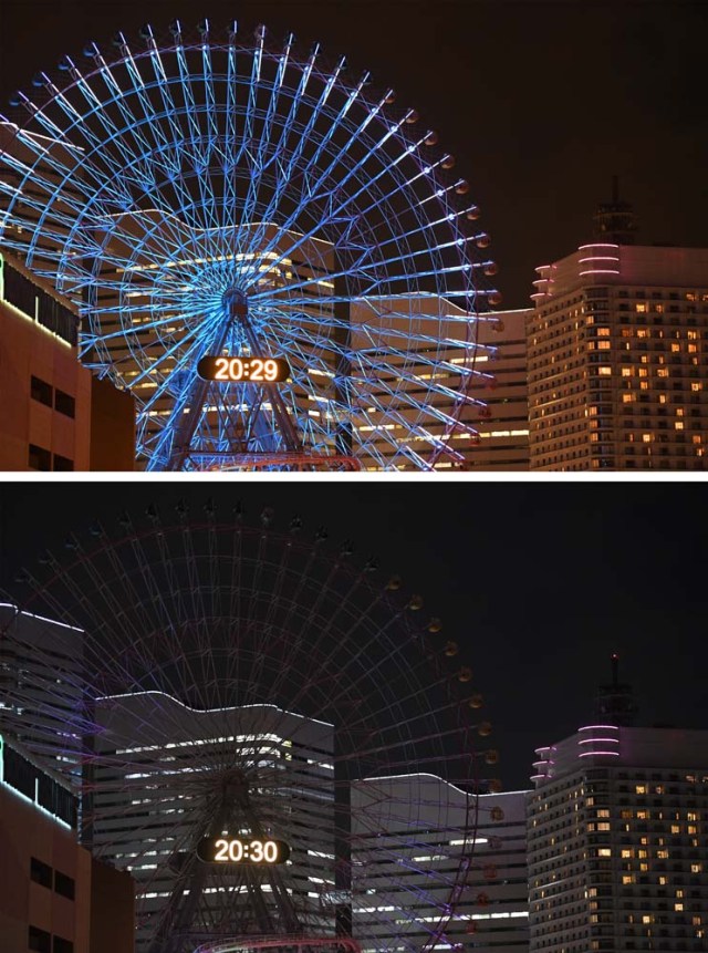 This combo image shows the Yokohama giant ferris wheel, Cosmo Clock 21, illuminated (top) and with its lights switched off (bottom) for the Earth Hour environmental campaign in Yokohama on March 25, 2017. / AFP PHOTO / Toshifumi KITAMURA